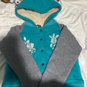 Teal and Gray Hoodie with Floral Embroidery